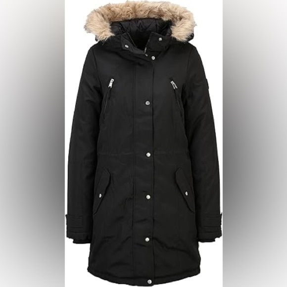 Vero Moda Jackets & Blazers - Vero Moda Women’s Black Parka Jacket with Tan Fur Trim Szie Small
